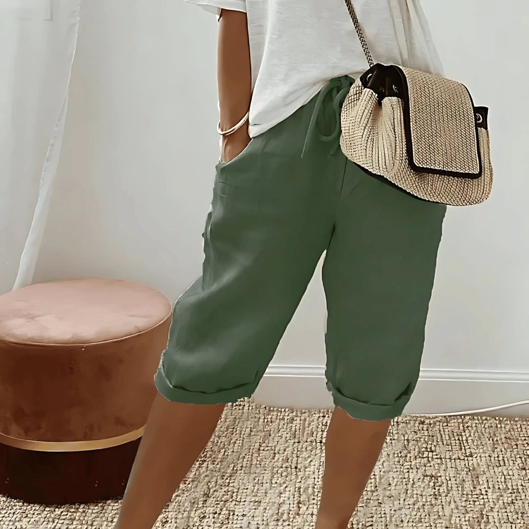 Stylish women's knee-length high-rise harem shorts made from breathable cotton linen fabric