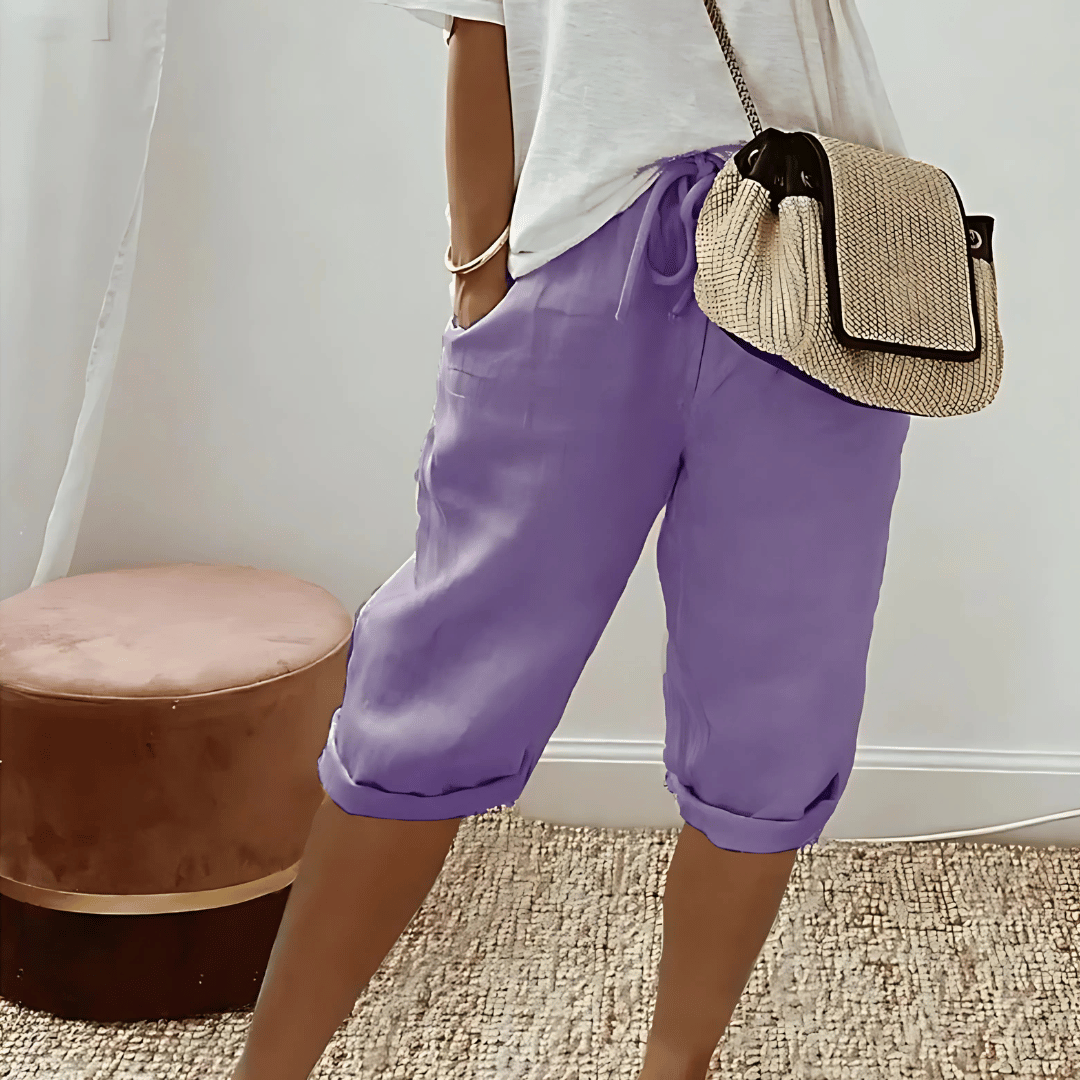 Womens high-rise cotton linen harem shorts, knee-length, casual and comfortable with elastic waist