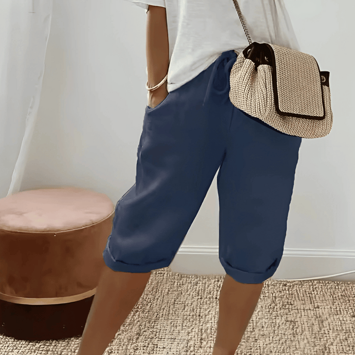 Versatile women's knee-length harem shorts, high-rise cotton linen blend, great for casual wear