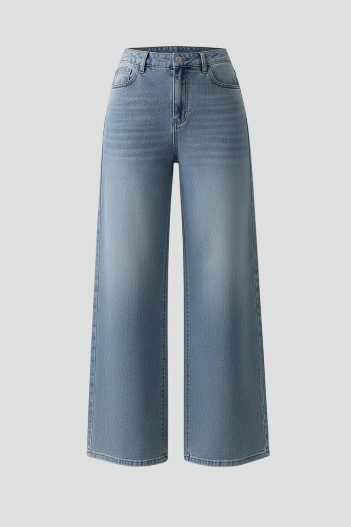Women's high-rise wide-leg denim jeans in a classic blue wash, perfect for casual winter fashion.