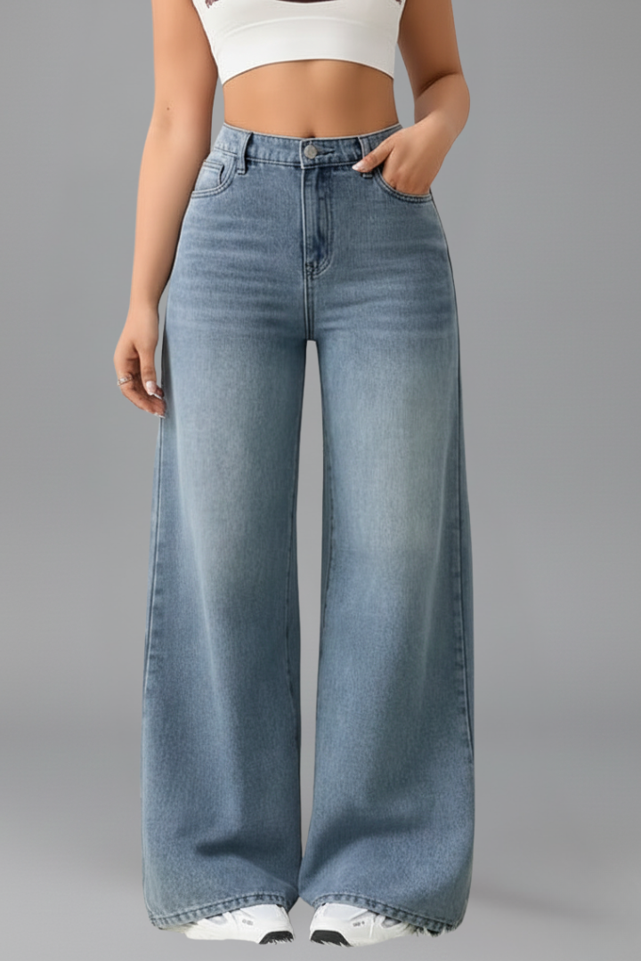 Comfortable women's wide-leg jeans with a high-rise fit, versatile for various casual outfits.