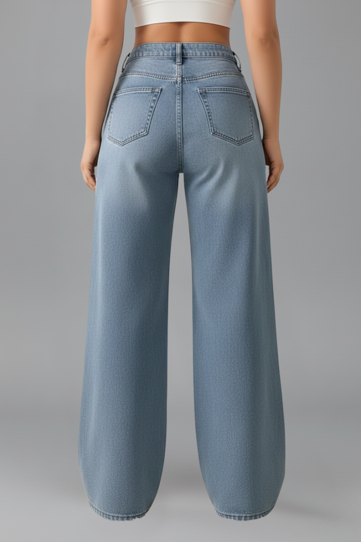 Casual women's denim high-rise wide-leg jeans, showcasing the comfortable and stylish design.