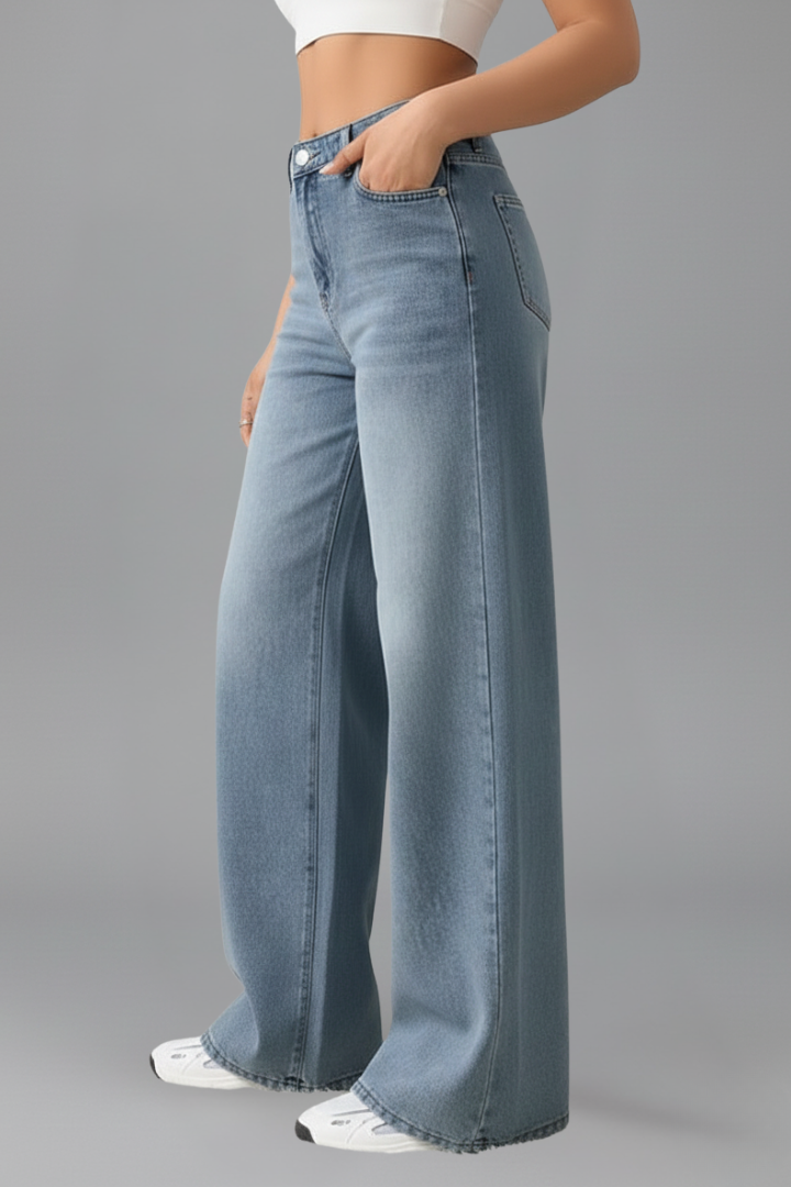 Versatile women's high-rise wide-leg denim jeans, ideal for everyday wear and winter fashion.