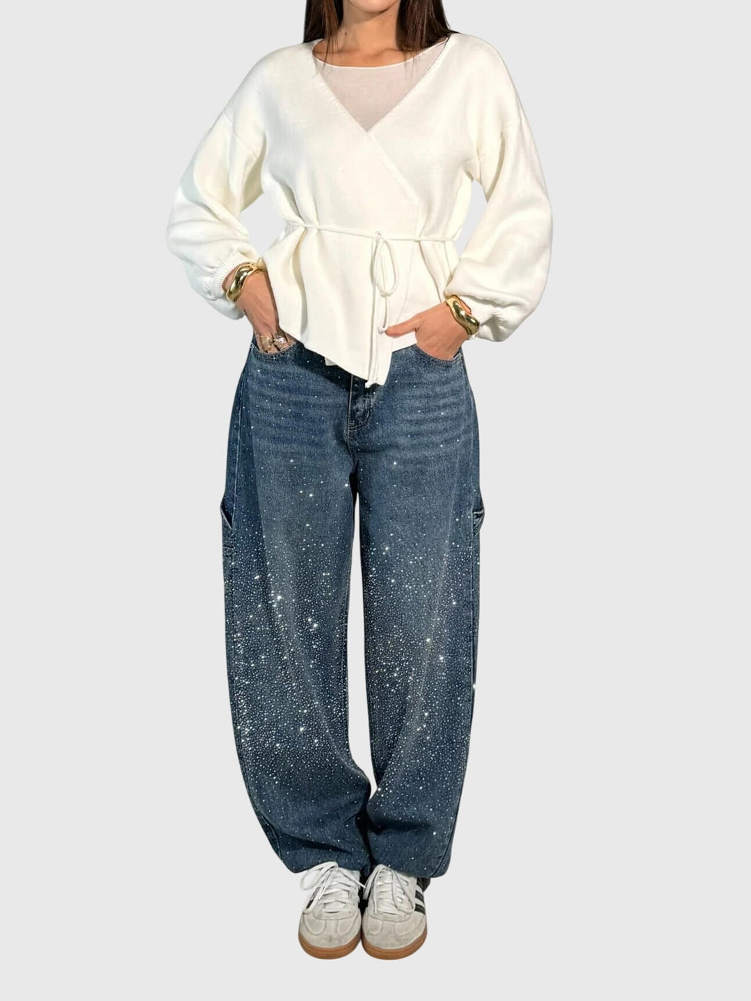 Women's high-rise wide-leg denim pants, sparkling with diamond embellishments, casual fashion jeans.