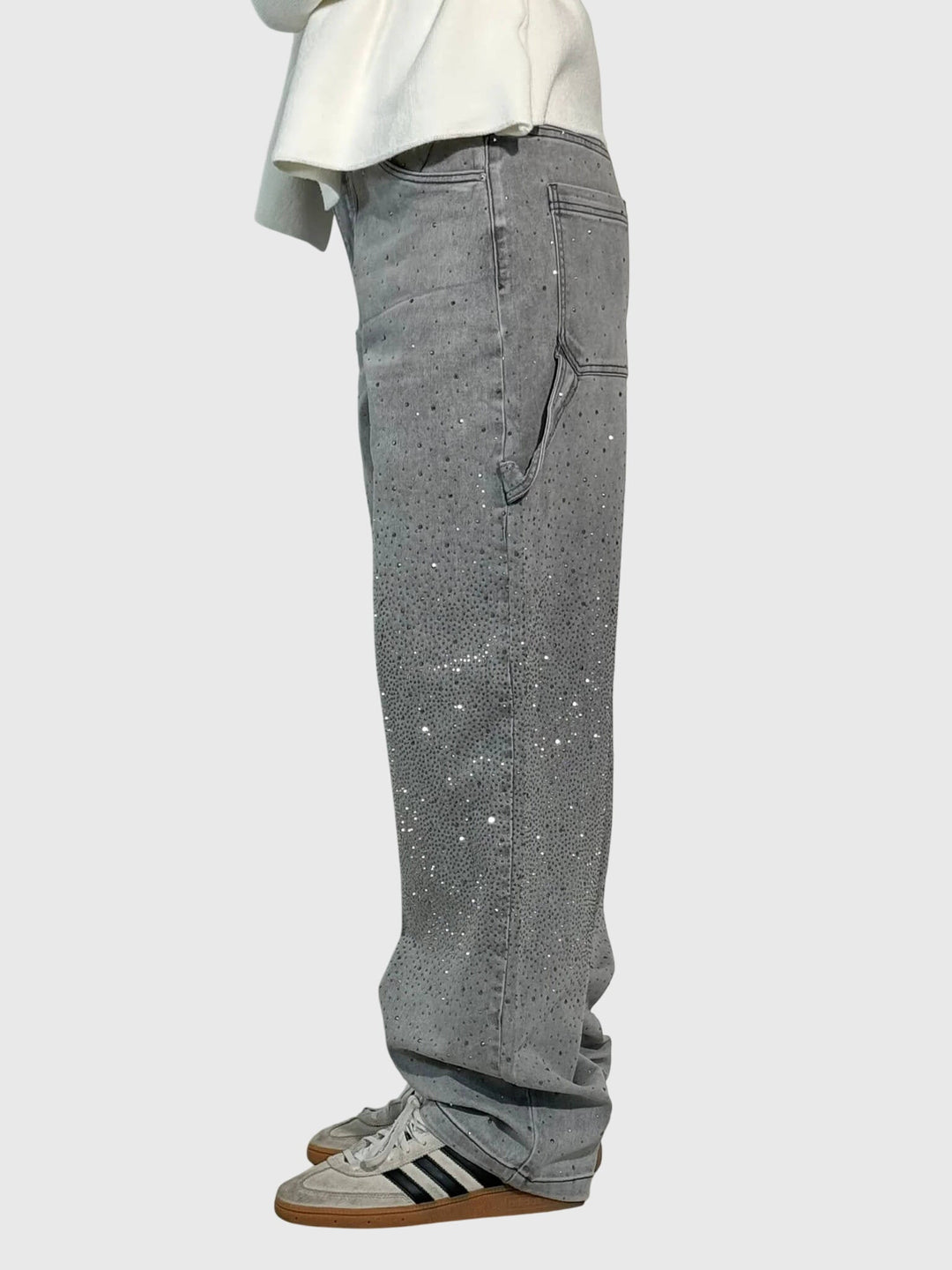 Women's trendy wide-leg denim pants featuring an eye-catching sparkle diamond design.