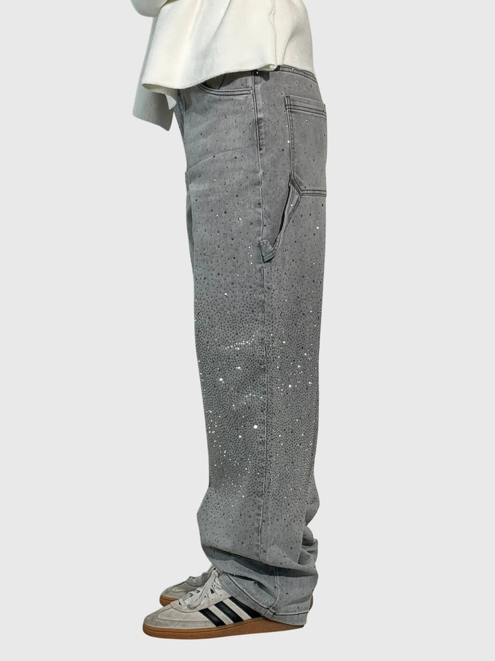 Women's trendy wide-leg denim pants featuring an eye-catching sparkle diamond design.