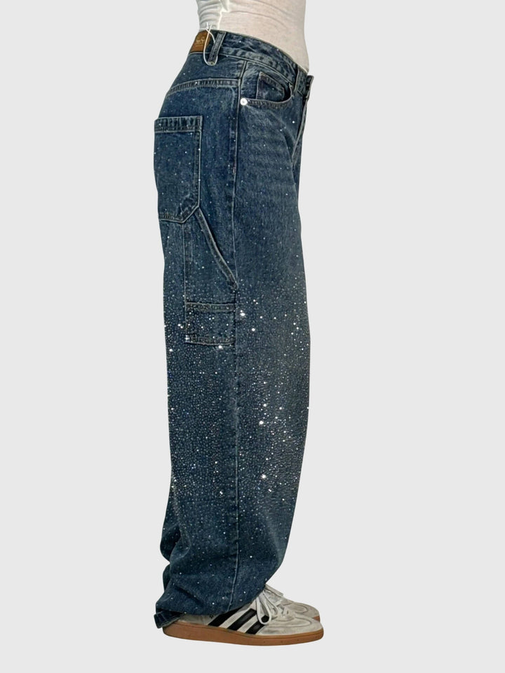 Sparkle Diamond wide-leg denim pants for women, trendy and comfortable high-rise fit.