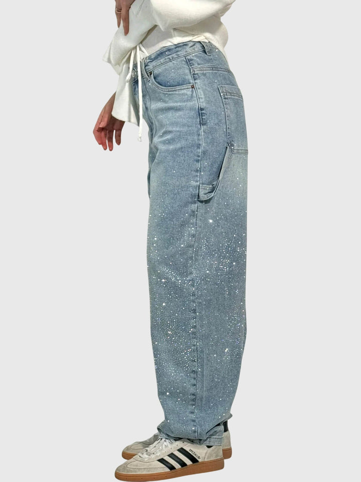 Casual women's high-rise wide-leg jeans with unique sparkle diamond embellishments.