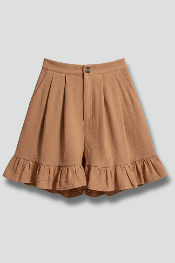 Women's high waist casual summer shorts with elegant ruffle hem detail and elastic waistband for comfort.