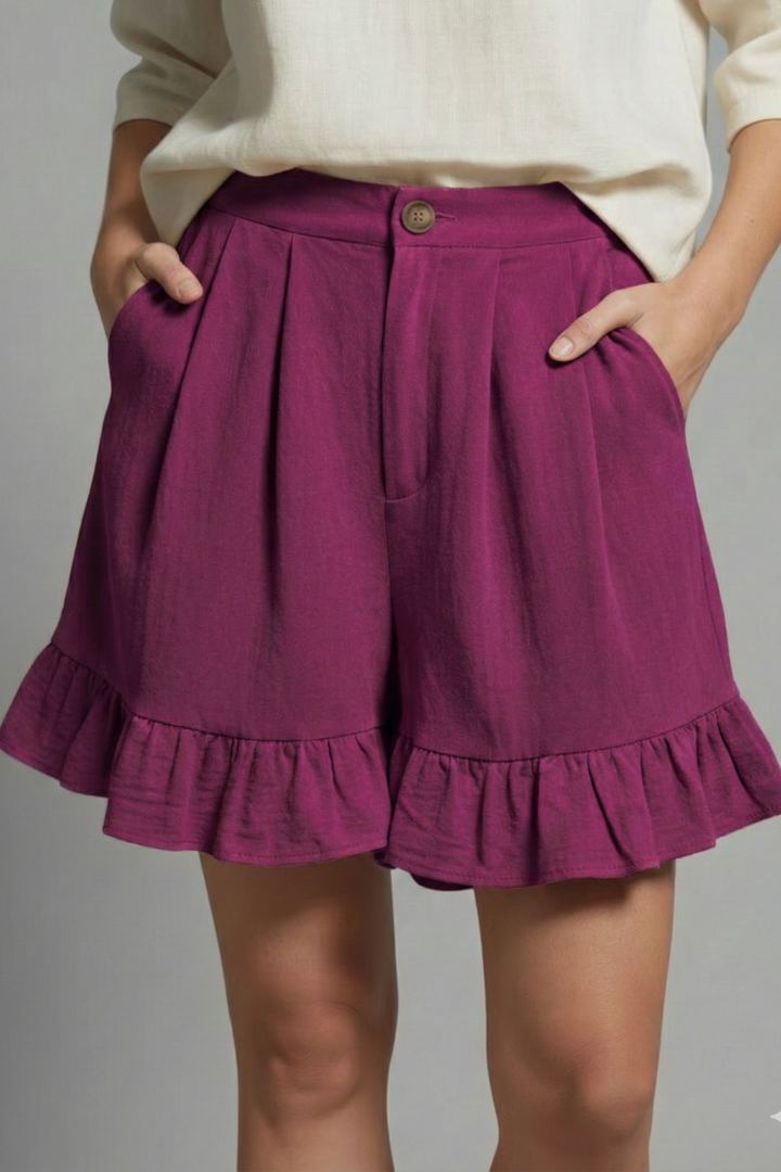 Front view of women's flowy high waist shorts with a fashionable ruffle hem, designed for ultimate summer comfort.