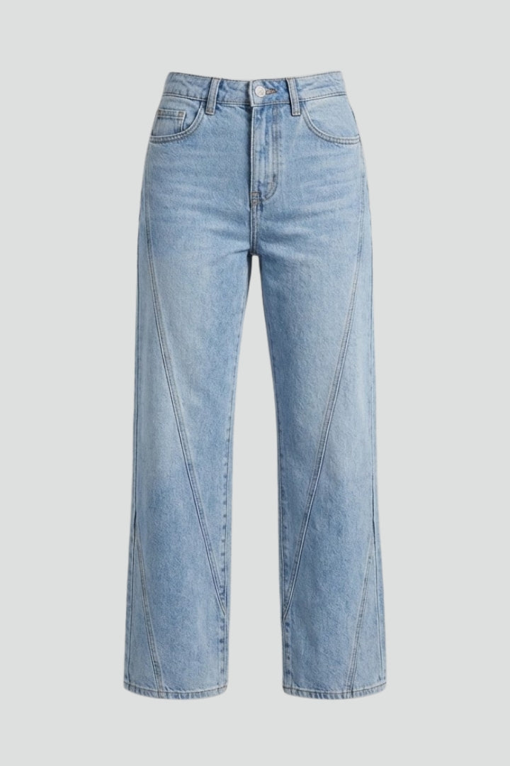Women's high-waist classic straight-leg blue denim jeans for casual winter fashion