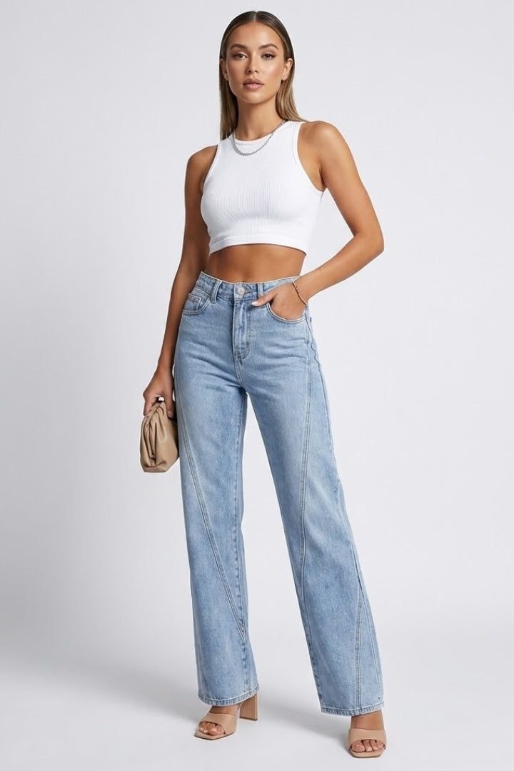 High-waist blue denim jeans, straight-leg style, perfect for everyday casual wear