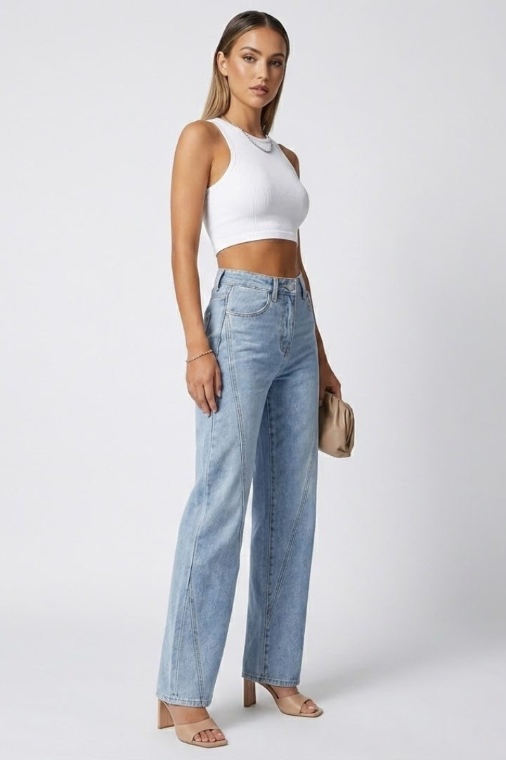 Classic women's straight-leg jeans with a high waist, made from durable blue denim