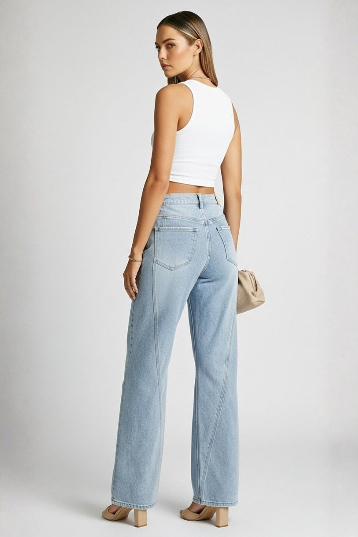 Casual blue denim straight-leg jeans, high-waisted for a timeless women's fashion look