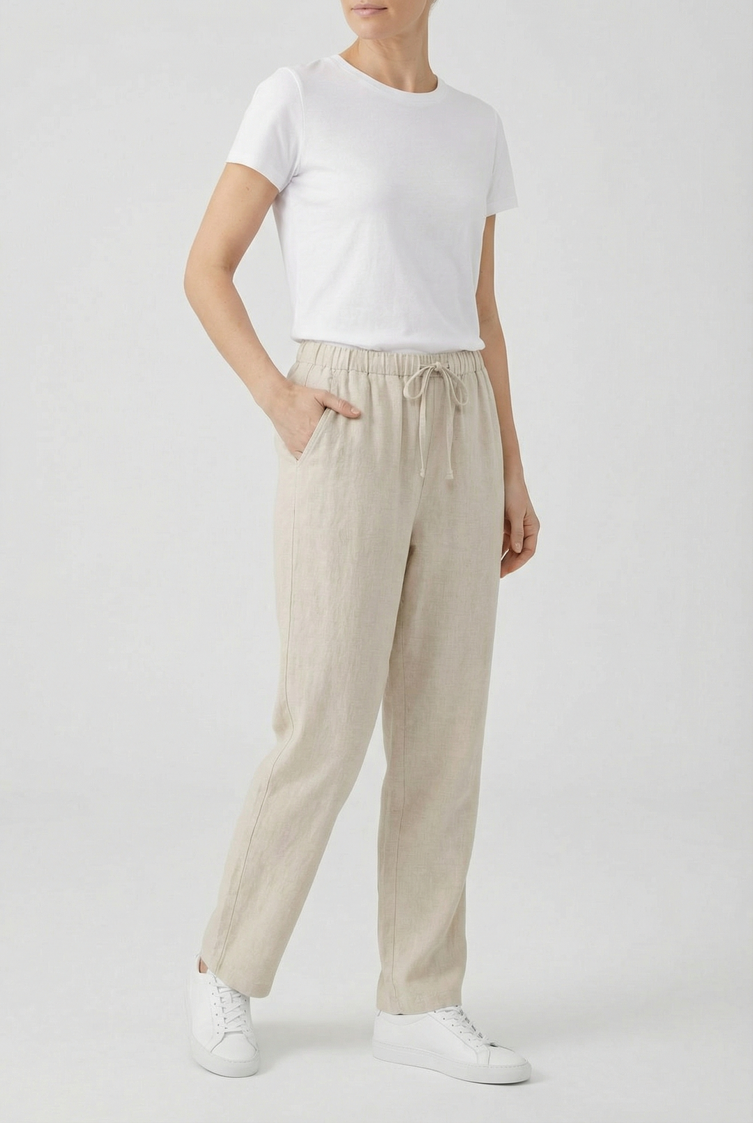 Women's high waist drawstring straight leg pants. Comfortable, relaxed fit casual trousers for everyday chic.