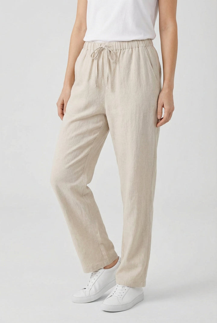 Stylish women's high waist drawstring pants with straight leg & side pockets. Perfect for versatile summer wear.