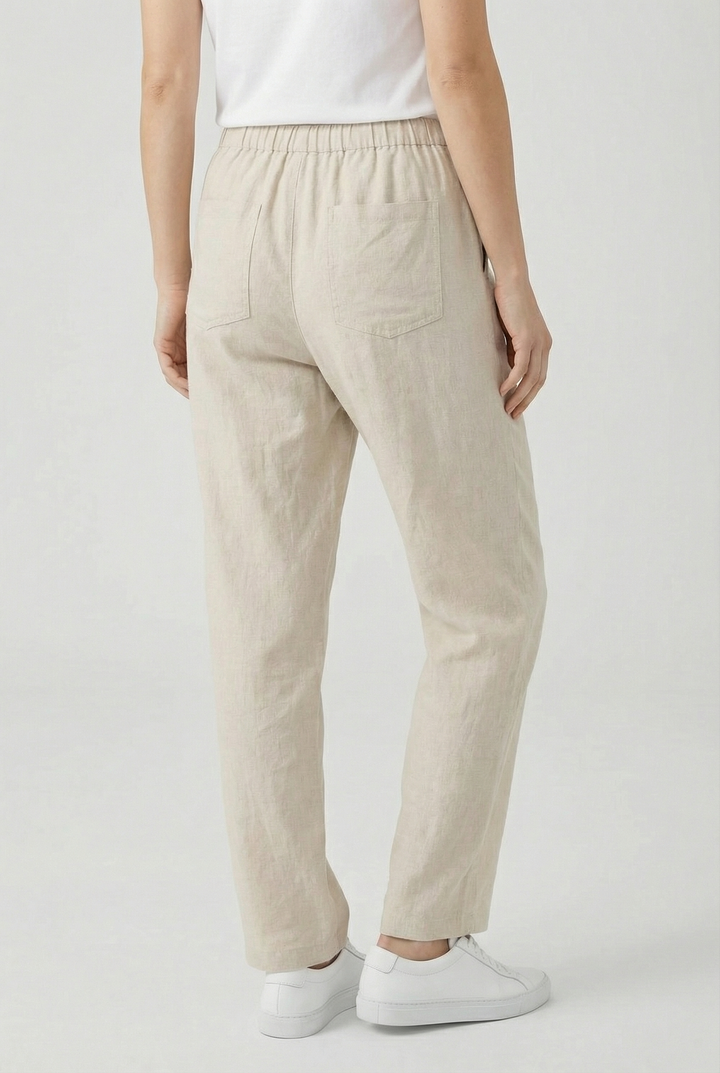Comfortable women's relaxed fit high waist drawstring straight leg trousers. Great for everyday chic & versatility.