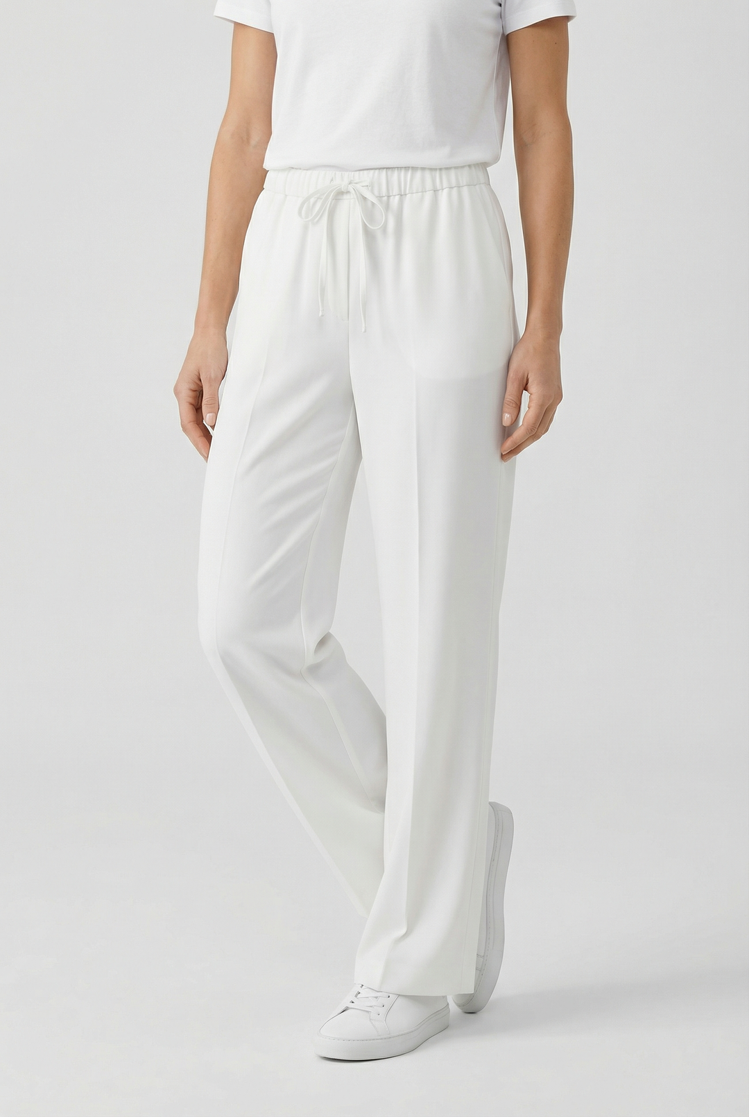 Women's high waist drawstring straight leg pants featuring side pockets. Versatile & comfortable for daily wear.