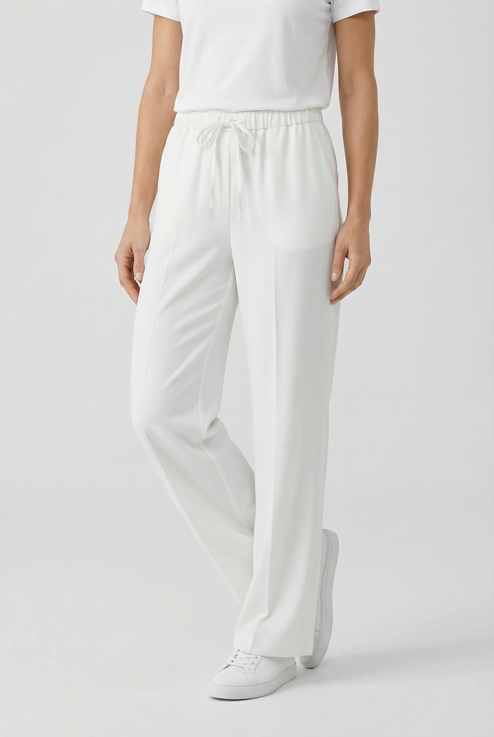 Women's high waist drawstring straight leg pants featuring side pockets. Versatile & comfortable for daily wear.