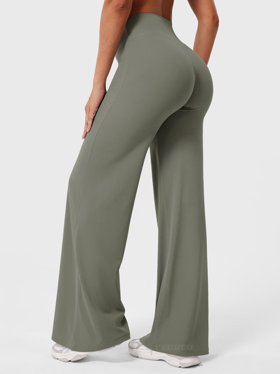 Side view of women's high waist flared pants, summer casual style, comfortable versatile