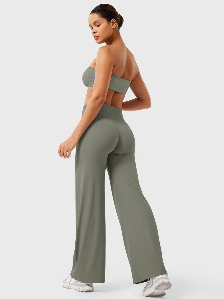 White women's high waist flared pants, summer casual, comfortable versatile and chic