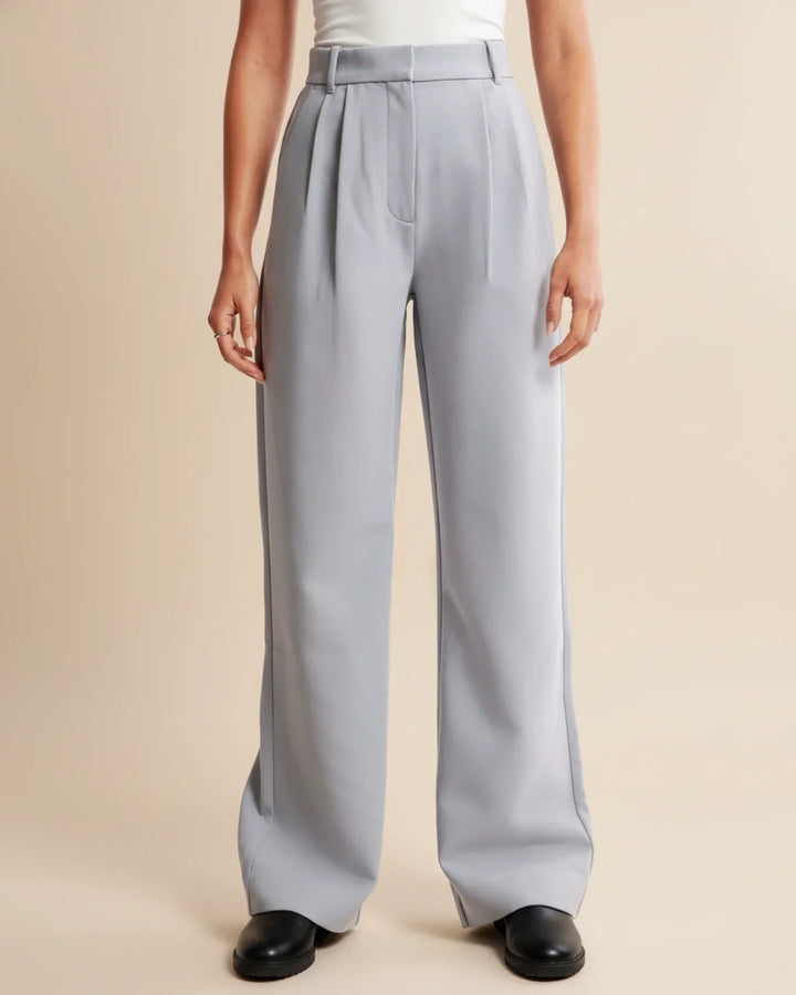 Two pairs of women's high waist pleated tailored trousers in different colors, dark and light.