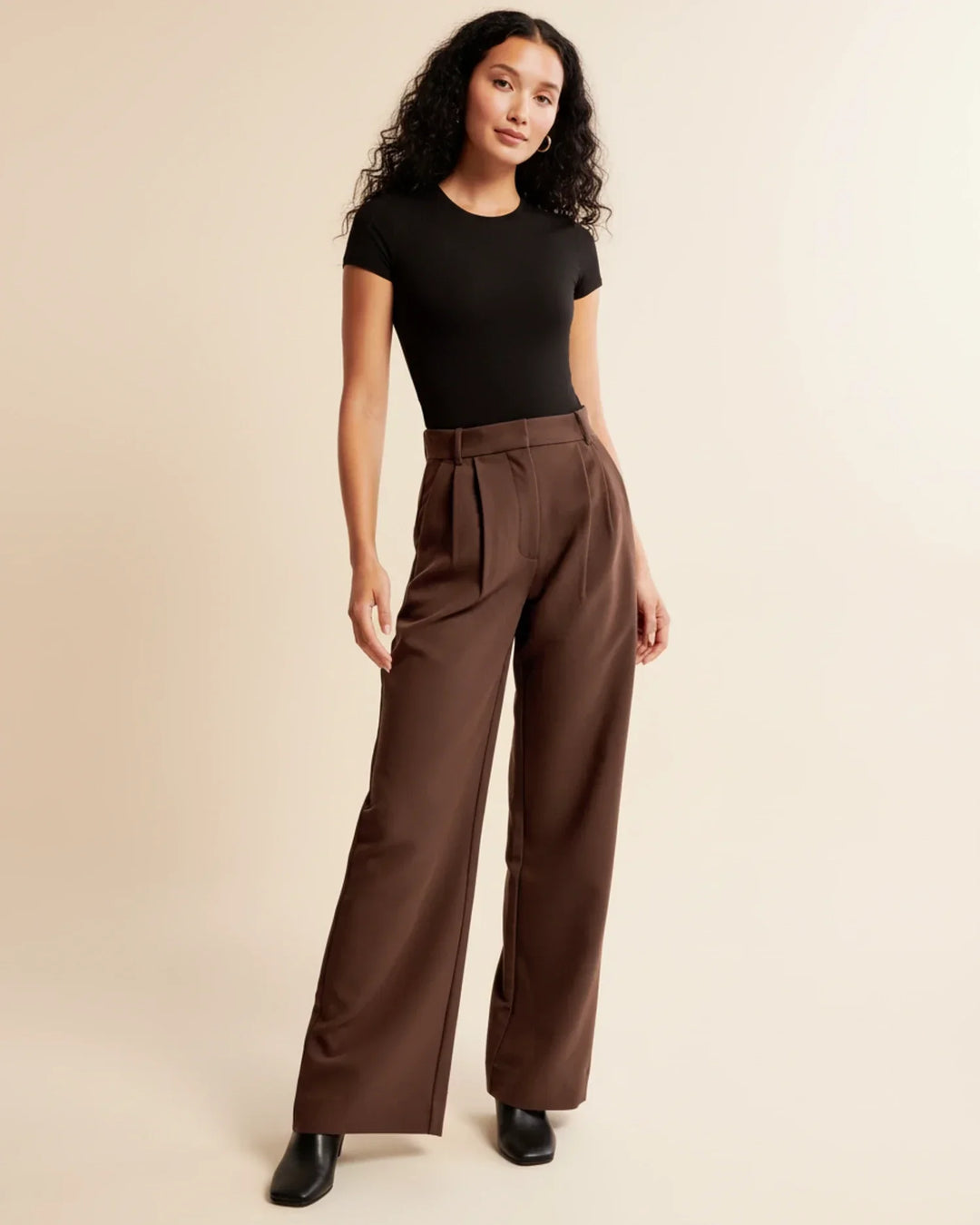 Autumn-inspired women's high waist pleated tailored trousers in a rich brown tone, versatile fashion.