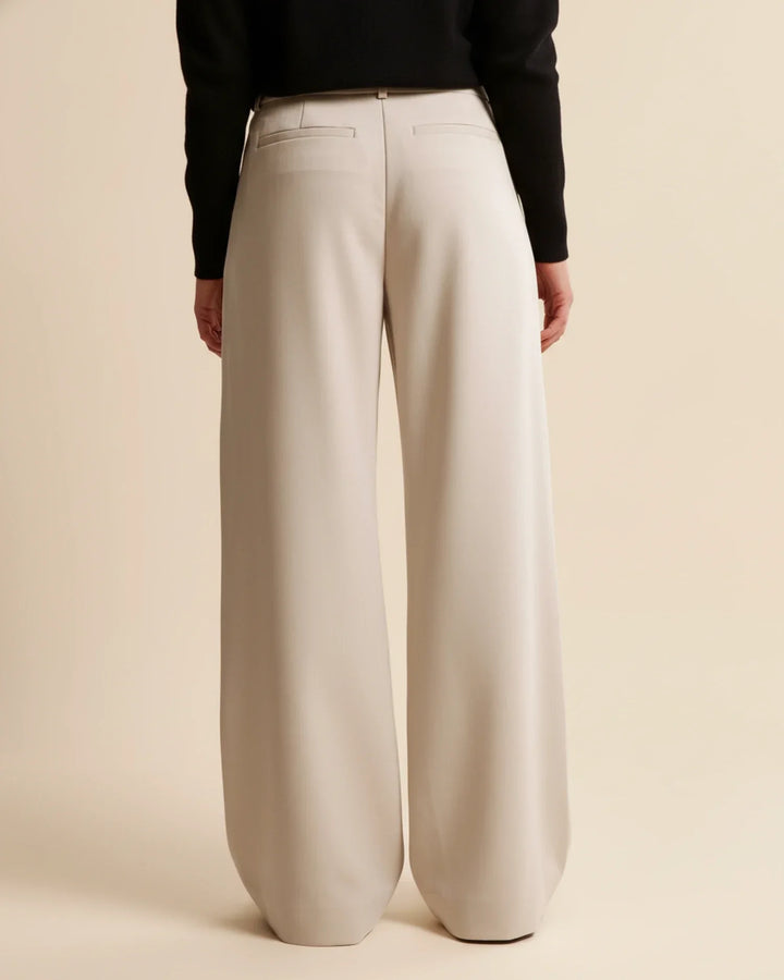 A model wearing sophisticated high waist pleated tailored trousers, styled for business casual.
