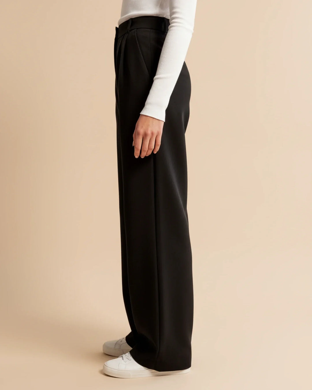 Hanged full-length image of women's high waist pleated tailored trousers, showing fabric texture.