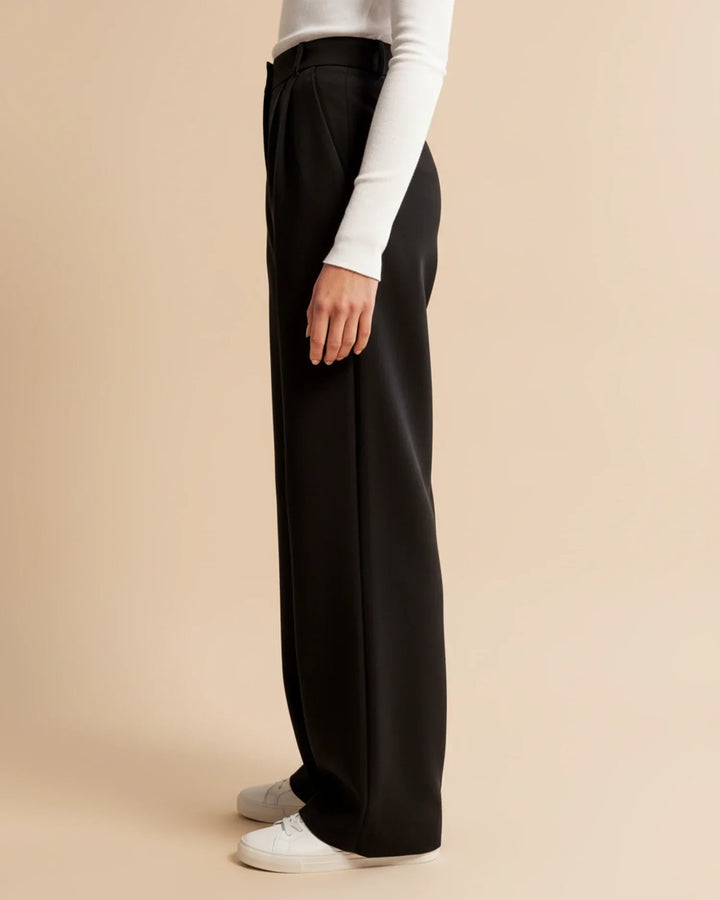 Hanged full-length image of women's high waist pleated tailored trousers, showing fabric texture.