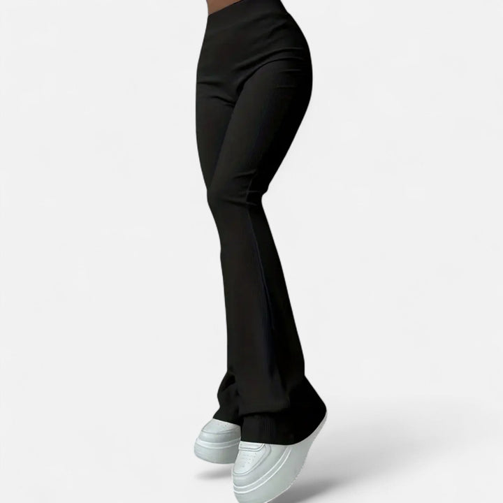 Women's high-waist ribbed slim leggings, perfect for elegant style & comfortable everyday wear.