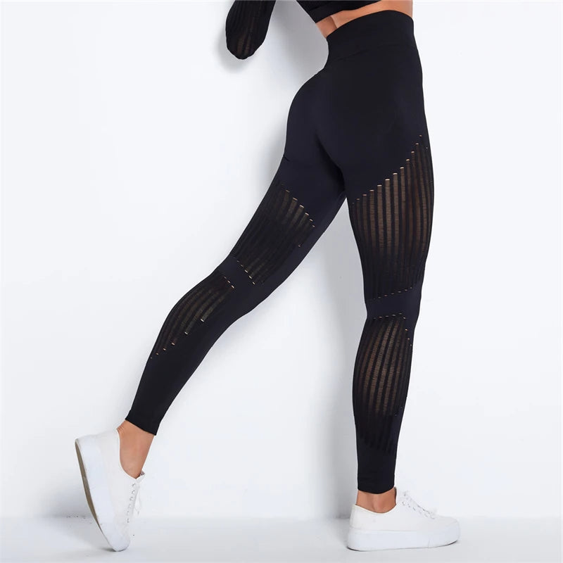 Model wearing women's high-waist seamless sculpting athletic leggings, accentuating activewear and stretchy design.