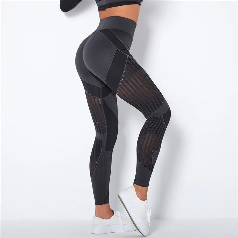 Close-up of the breathable fabric of new women's high-waist sculpting workout leggings for gym wear.