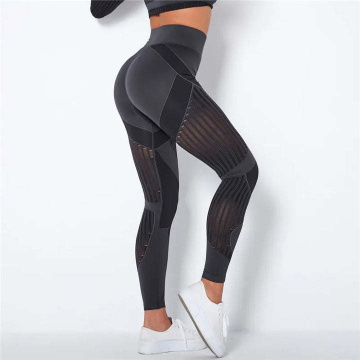 Close-up of the breathable fabric of new women's high-waist sculpting workout leggings for gym wear.