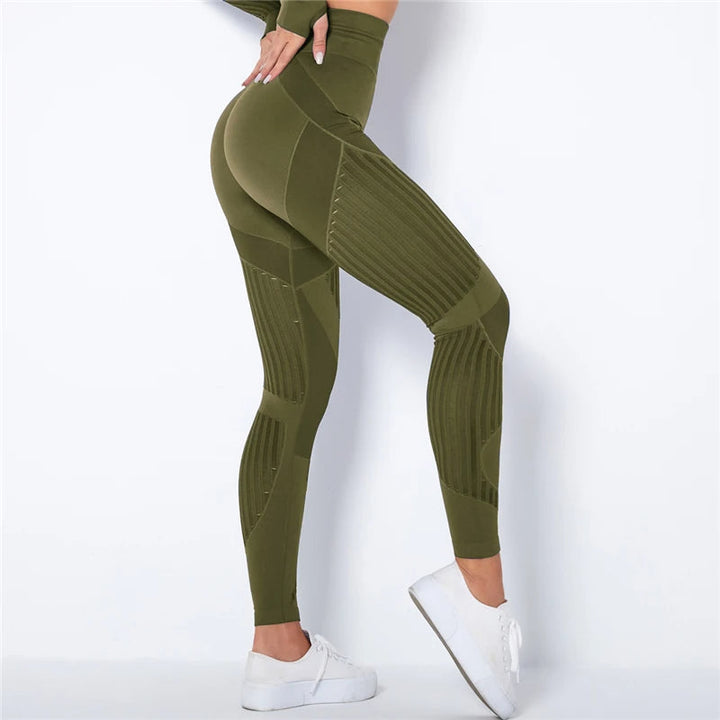 Back view of women's high-waist seamless sculpting leggings, showcasing fit and athletic style.