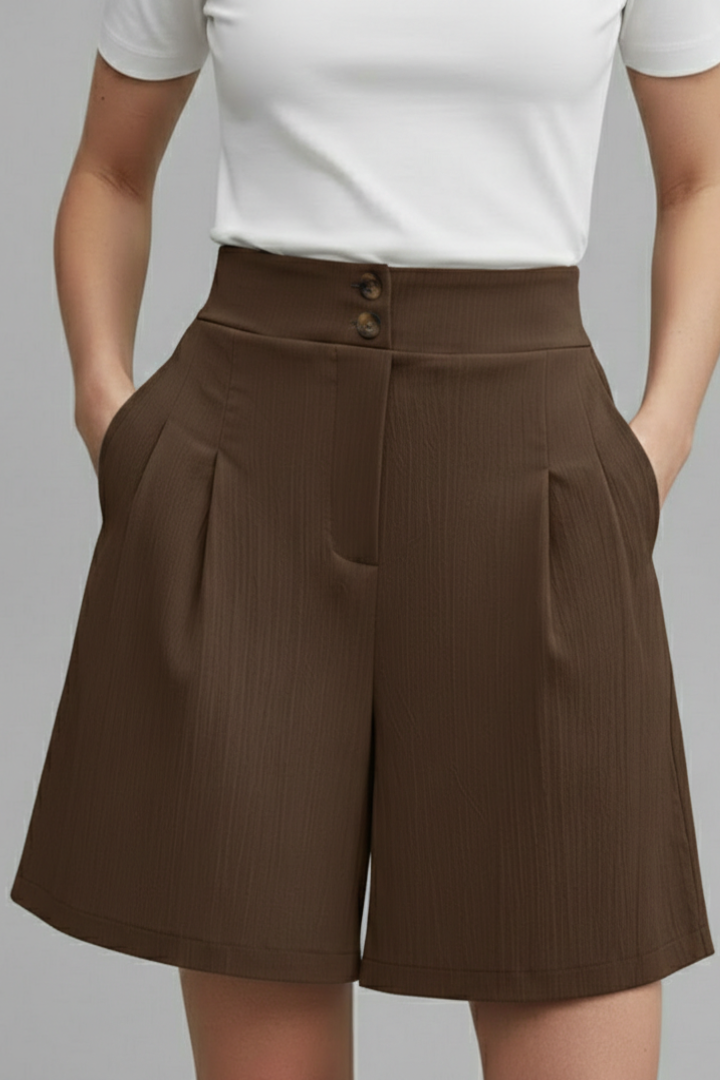Casual solid color high waist wide leg shorts, offering a relaxed fit for women's summer attire.