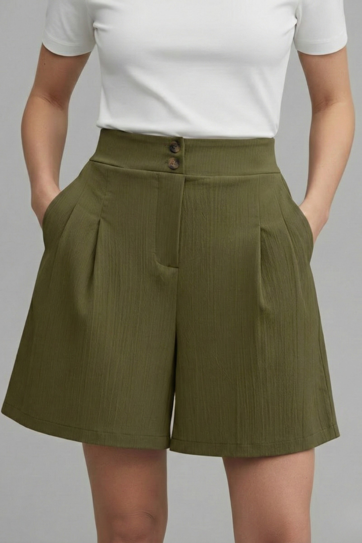 Fashionable women's high waist wide leg shorts, showcasing a relaxed and elegant silhouette.