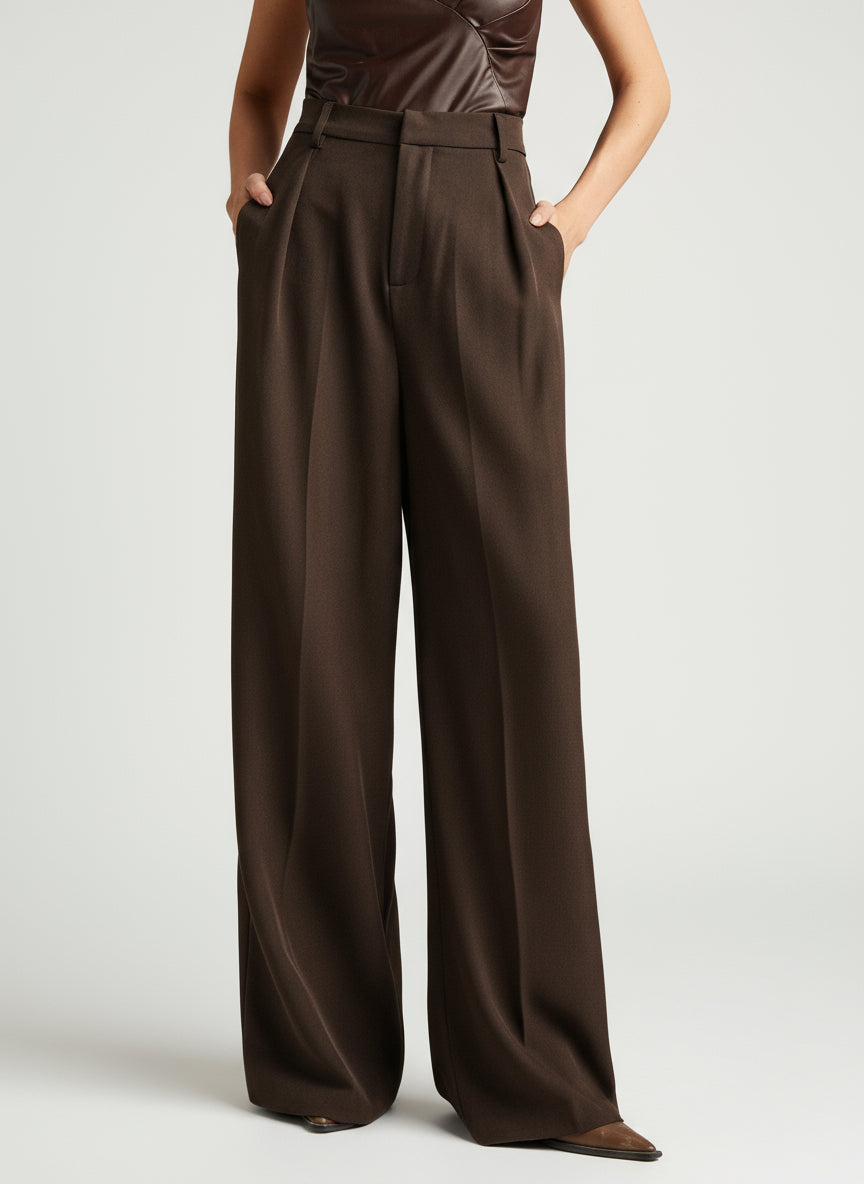 High quality women's high waist wide leg tailored trousers, ideal for business and formal events.