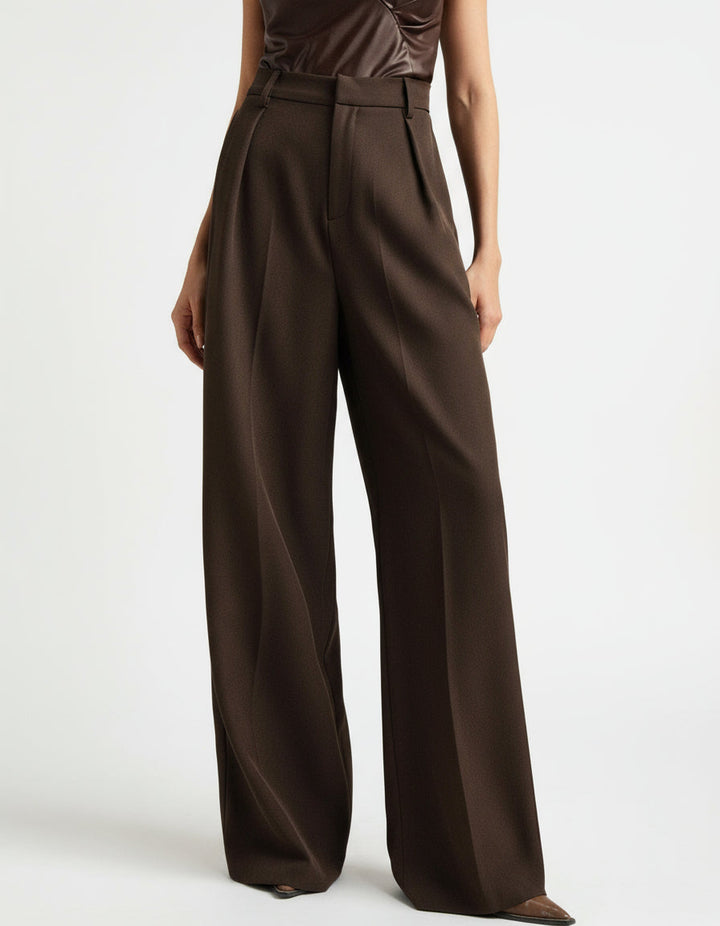 Essential women's high waist wide leg trousers, tailored for a sleek, smart casual or office ensemble.