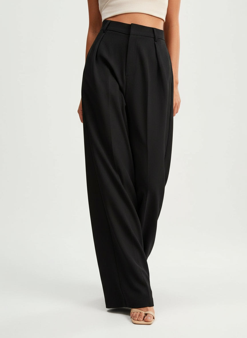Classic women's high waist wide leg tailored trousers, offering a timeless and elegant fashion statement.