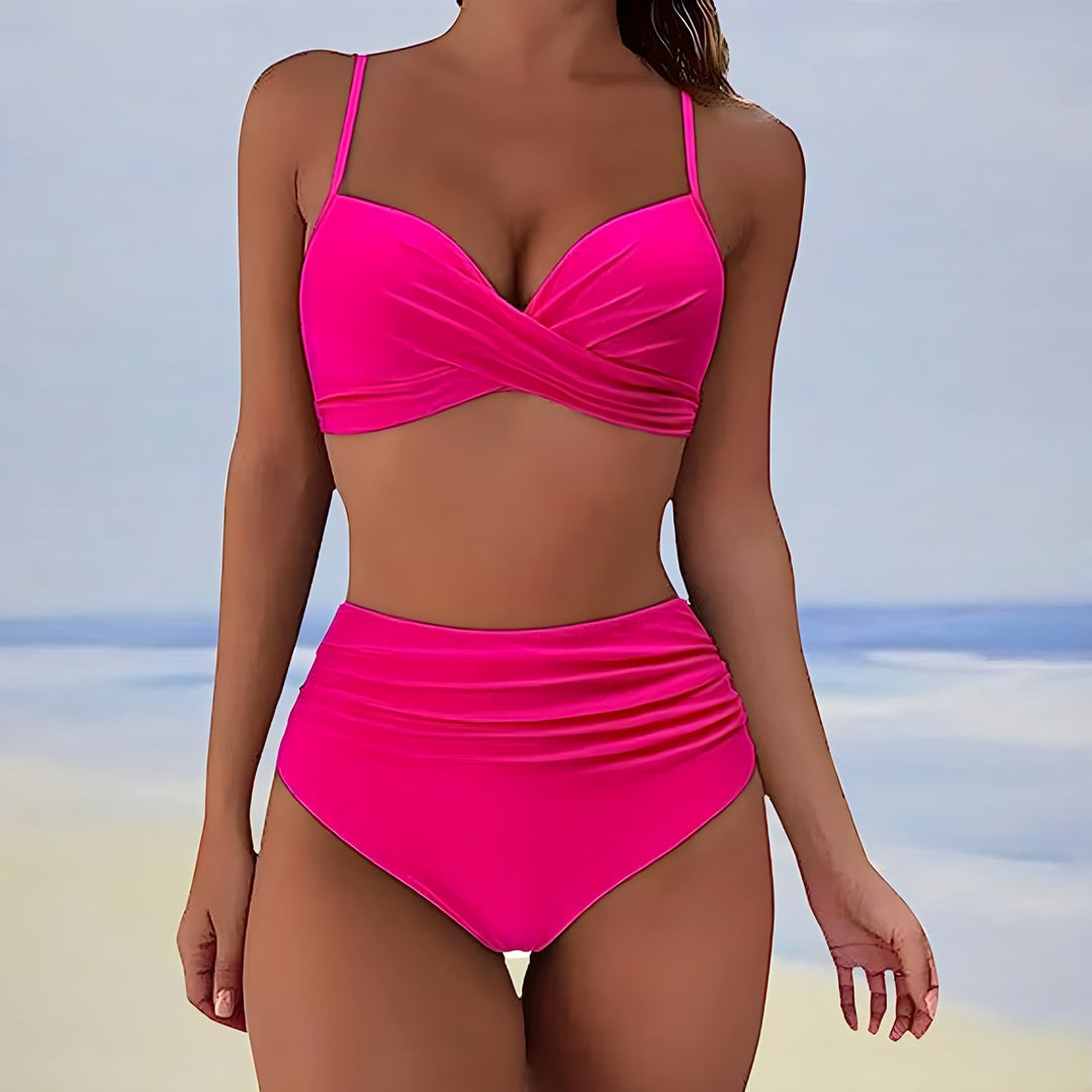 Chic women's high-waisted bikini swimsuit set with a twist-front top, offering support and style for beach.