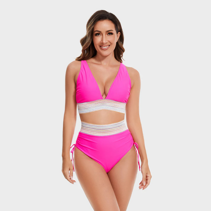 Women's high-waisted bikini set with a stylish v-neck top, perfect for summer beachwear and poolside fashion.