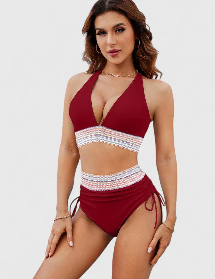 Two-piece women's swimsuit featuring a chic high-waisted bottom and a flattering v-neck bikini top for summer.