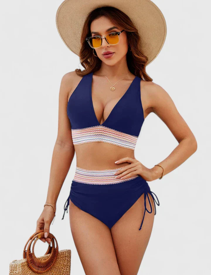 Summer-ready women's high-waisted bikini ensemble, ideal for the beach, pool, or any sunny getaway.