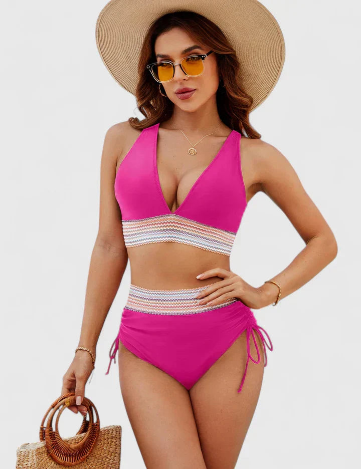 Stylish women's swimsuit, a high-waisted bikini with a v-neck cut, embodying classic summer beachwear.