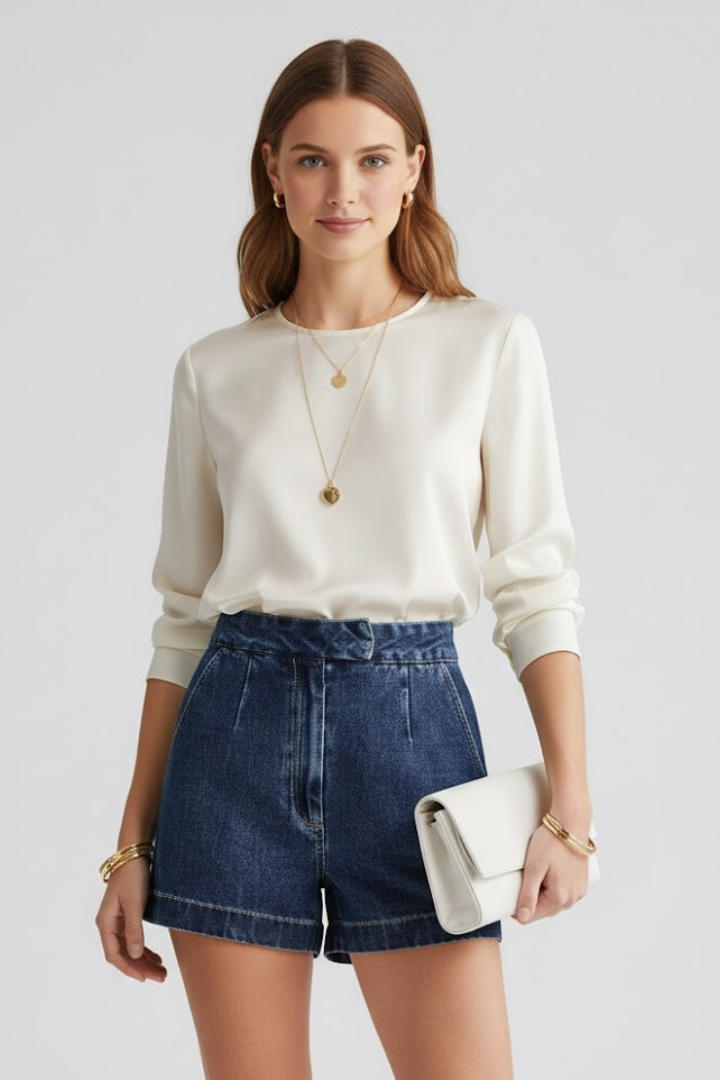 Fashionable blue high waisted denim shorts for women, featuring a stylish rolled hem design.