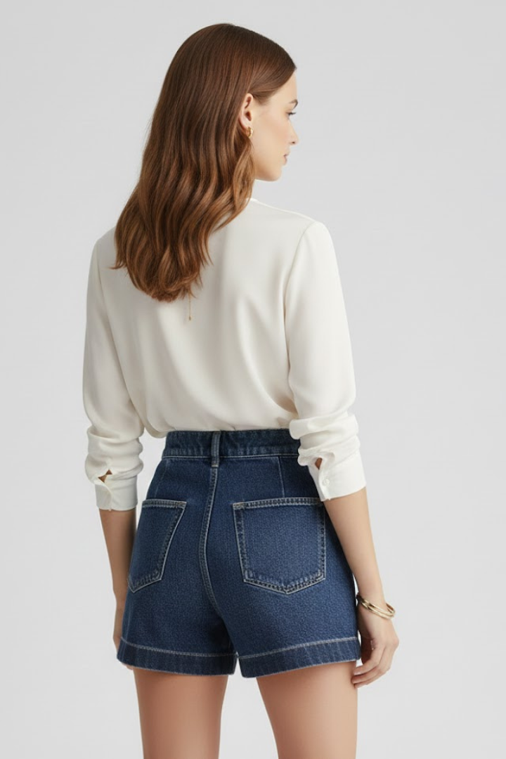 Trendy high waisted denim shorts for women with a rolled hem, a must-have for summer fashion.