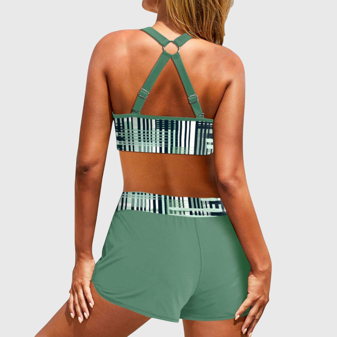 Stylish women's ribbed bikini with high-waisted bottoms, ideal for summer beach days.