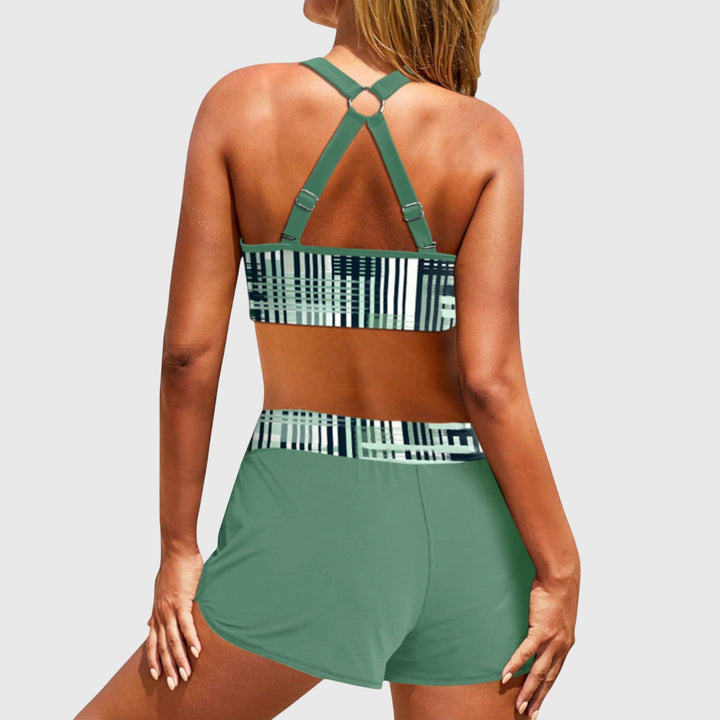 Stylish women's ribbed bikini with high-waisted bottoms, ideal for summer beach days.