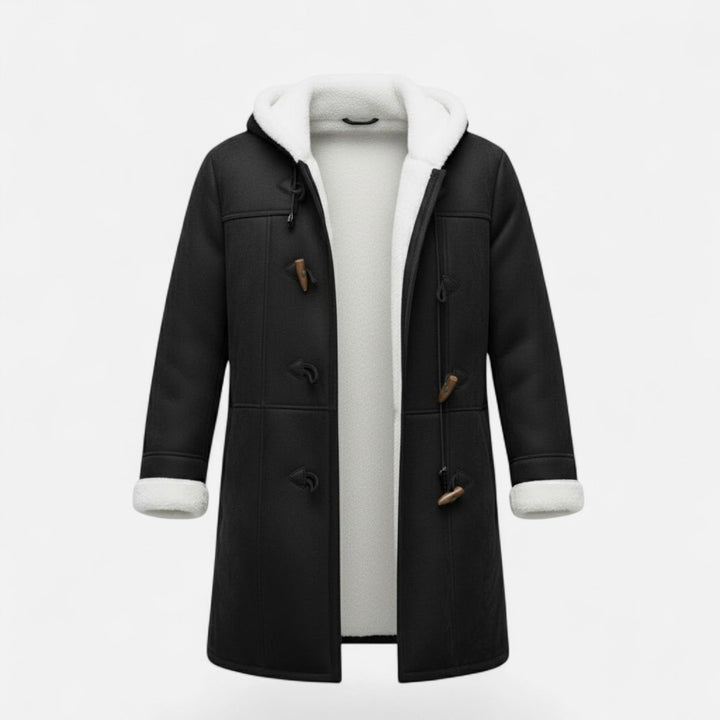 Women's hooded button-front winter coat with pockets, ideal for warm cold-weather fashion.